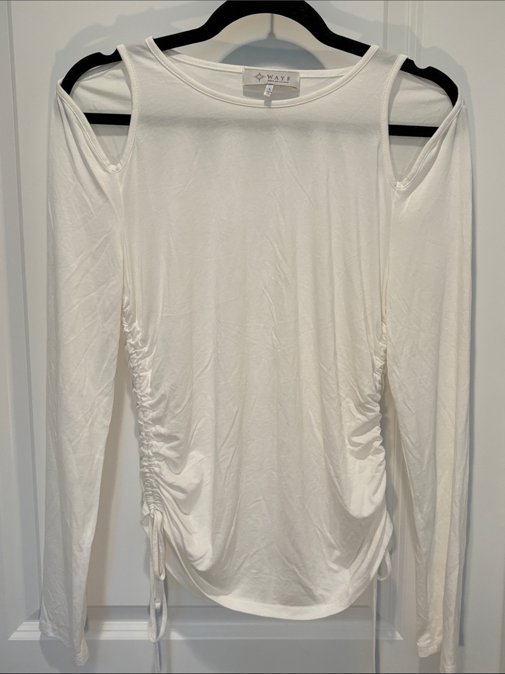 Wayf Cream Cold-Shoulder Ruched Long-Sleeve Top